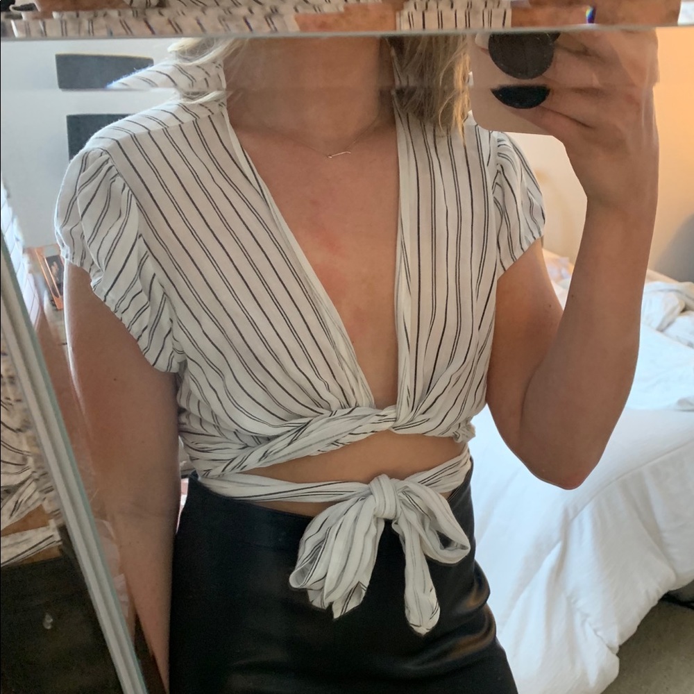 Lush black and white striped wrap around top